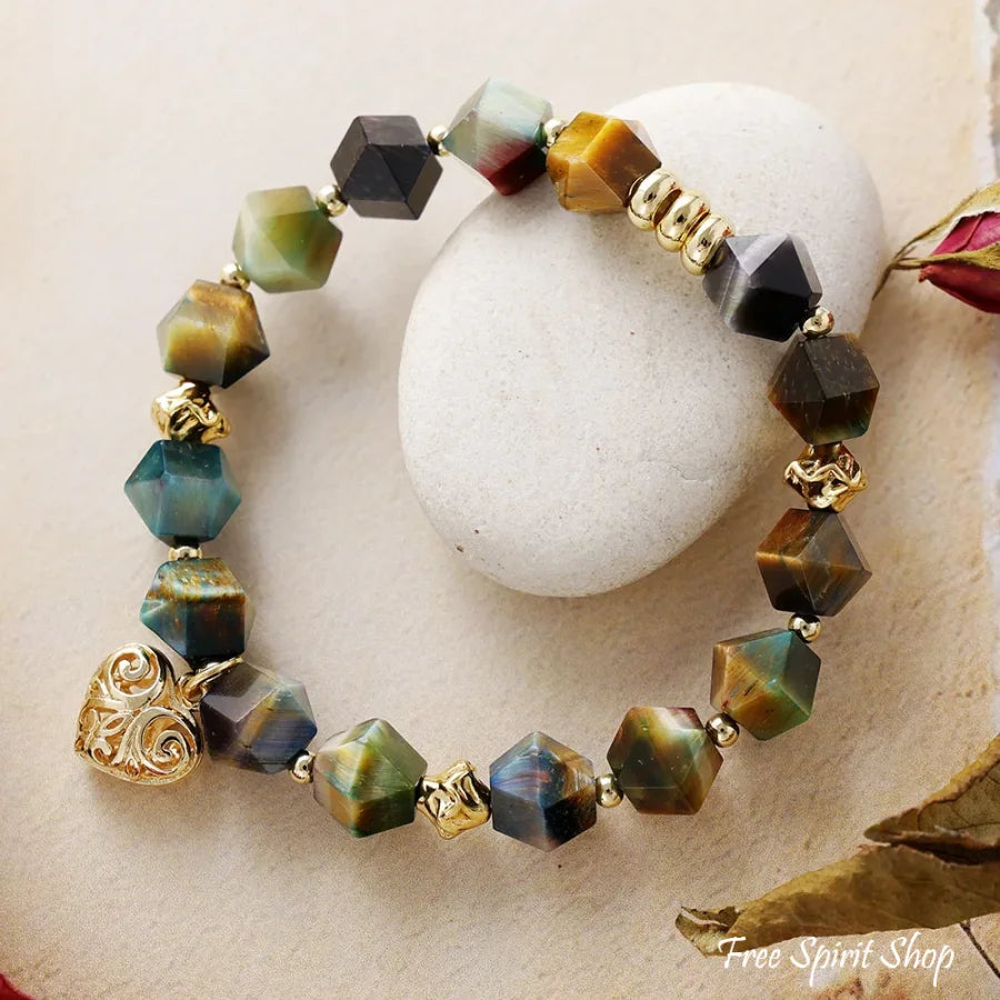 Tiger’s Eye Beaded Bracelet with Golden Heart Charm Jewelry > Bracelet > Gemstone Bead Bracelet
