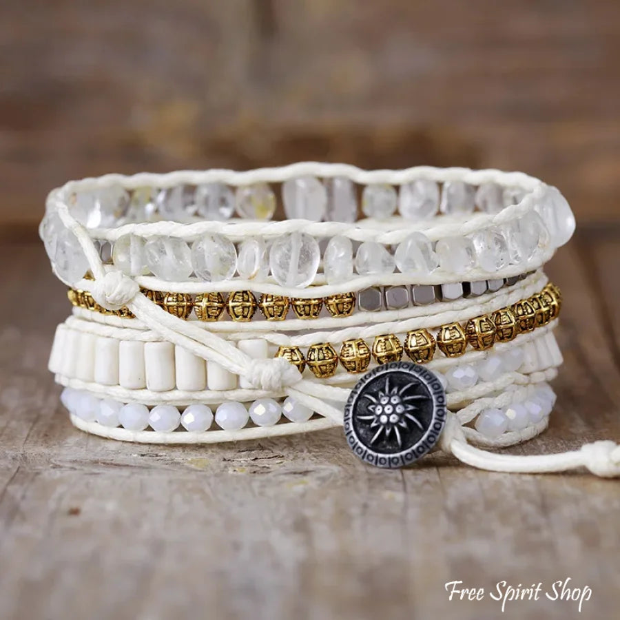 Natural Clear Quartz White Beaded Wrap Bracelet Jewelry > Gemstone Bead
