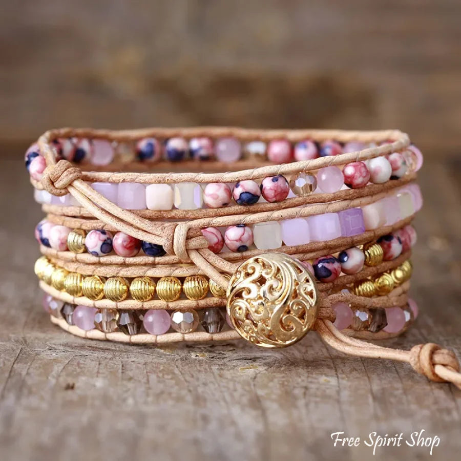 Handmade Rose Quartz & Gold Beads Wrap Bracelet Jewelry > Gemstone Bead