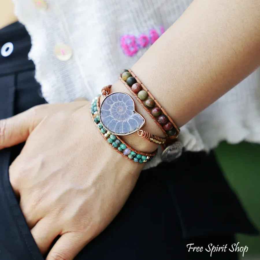 Natural Ammonite Fossil Jasper & African Turquoise Wrap Bracelet