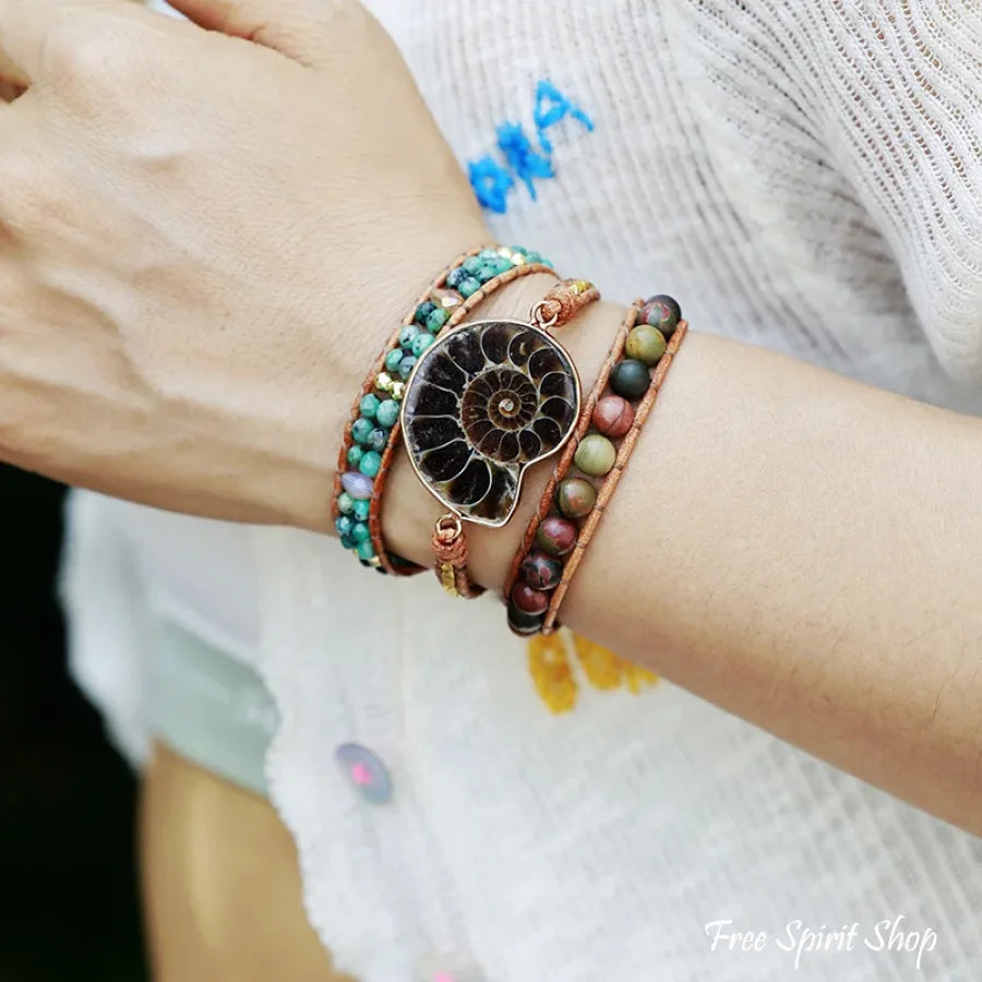Natural Ammonite Fossil Jasper & African Turquoise Wrap Bracelet