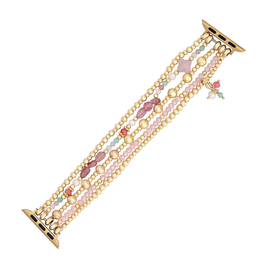 Rose Quartz Beaded Apple Watch Band with Clover Charm Smartwatch Band / Strap > Gemstone Bead Watch Band > Beaded Apple