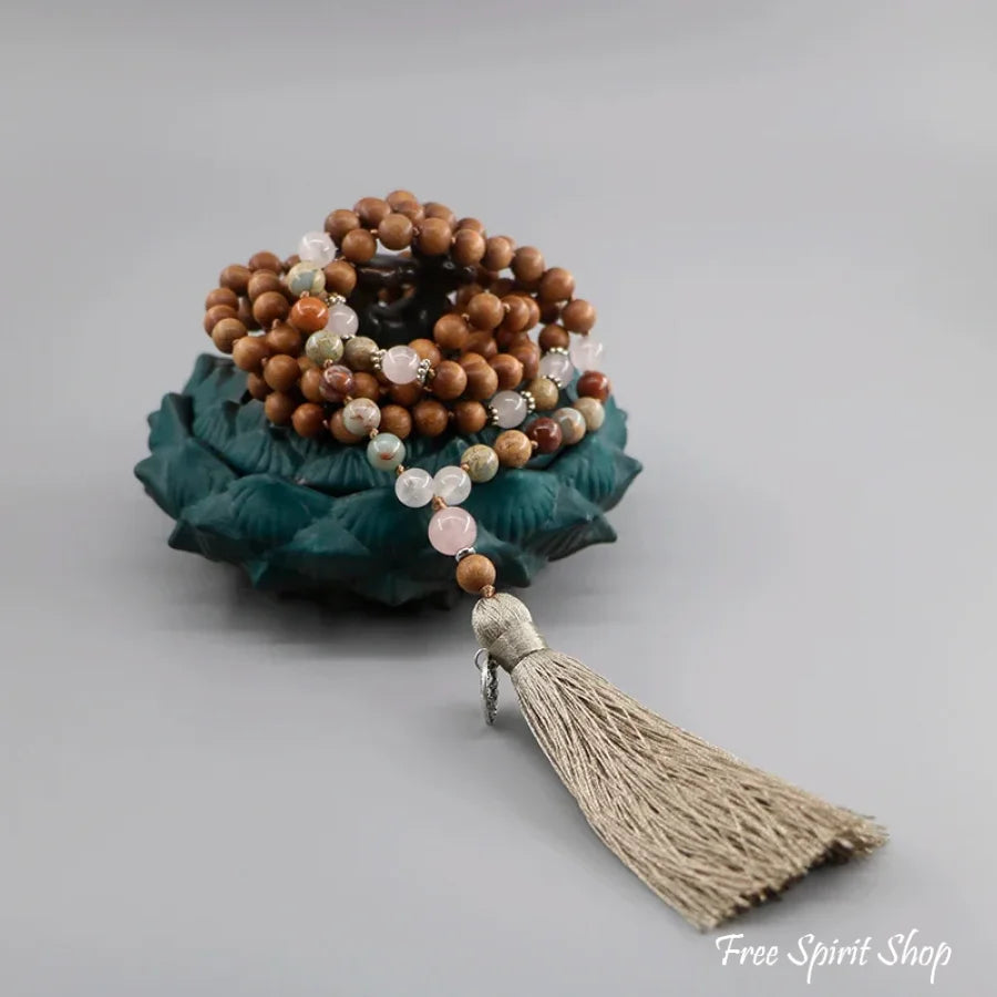 108 Natural Sandalwood Rose Quartz & Jasper Mala Bead Necklace Jewelry > Gemstone