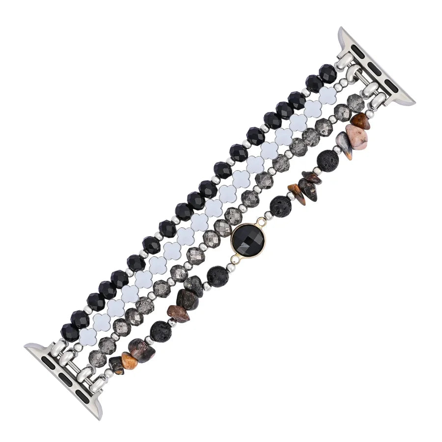 Black Moonlight Glow Beaded Apple Watch Bands with Silver Clover Charms