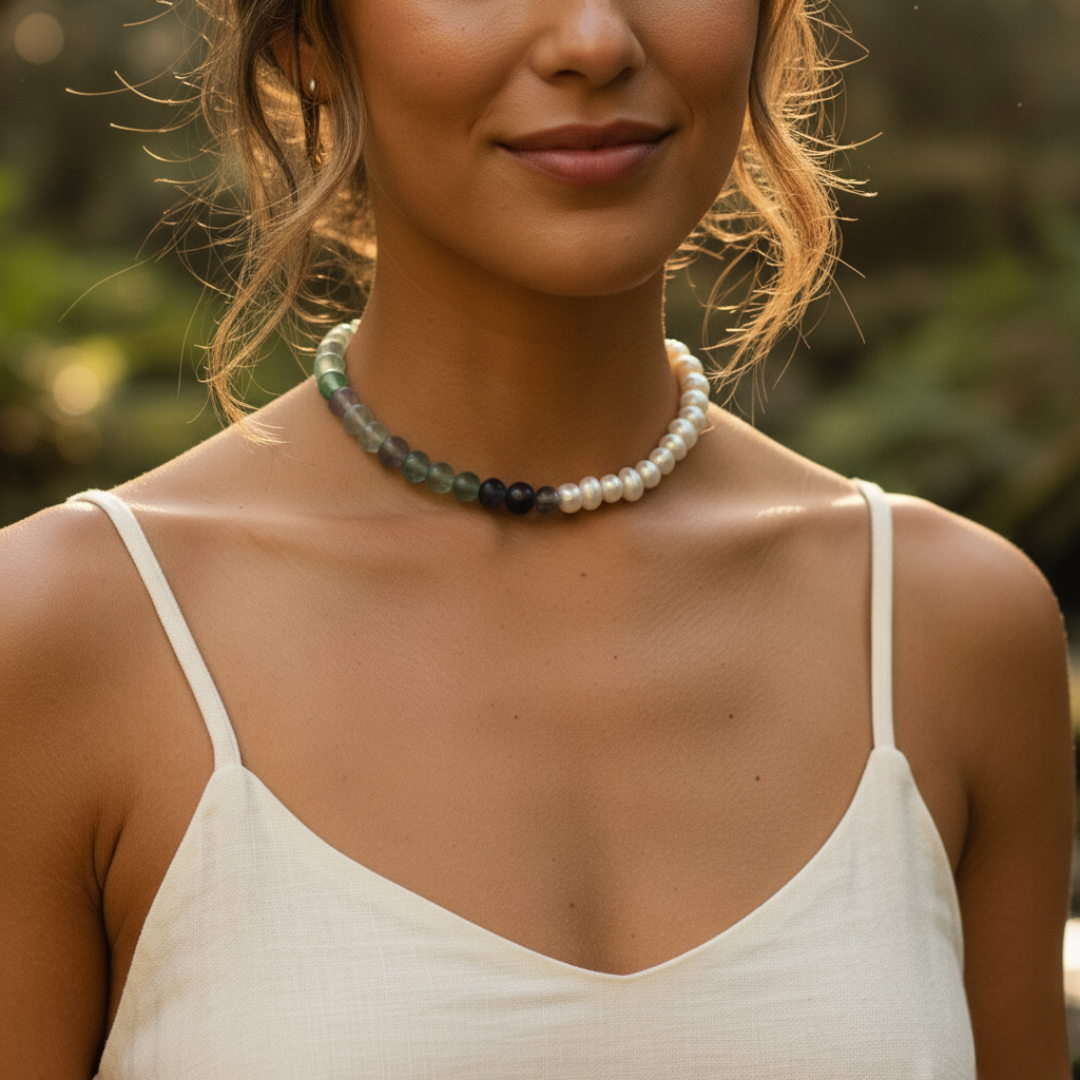 Fluorite & Freshwater Pearl Choker – Clarity & Grace
