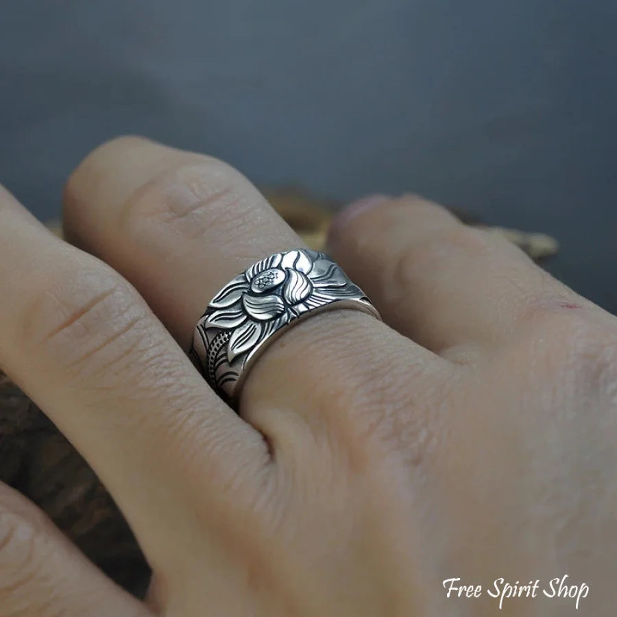 Buddhist Silver Lotus Flower Ring