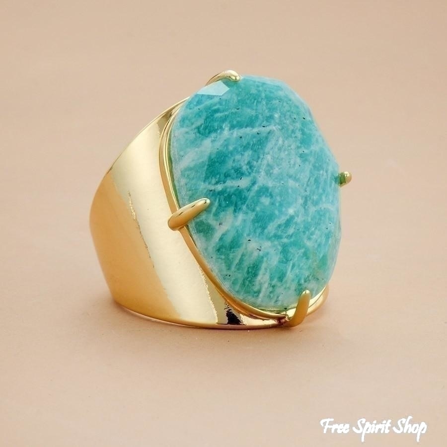 Big Amazonite Stone Ring - Gold or Silver - Free Spirit Shop