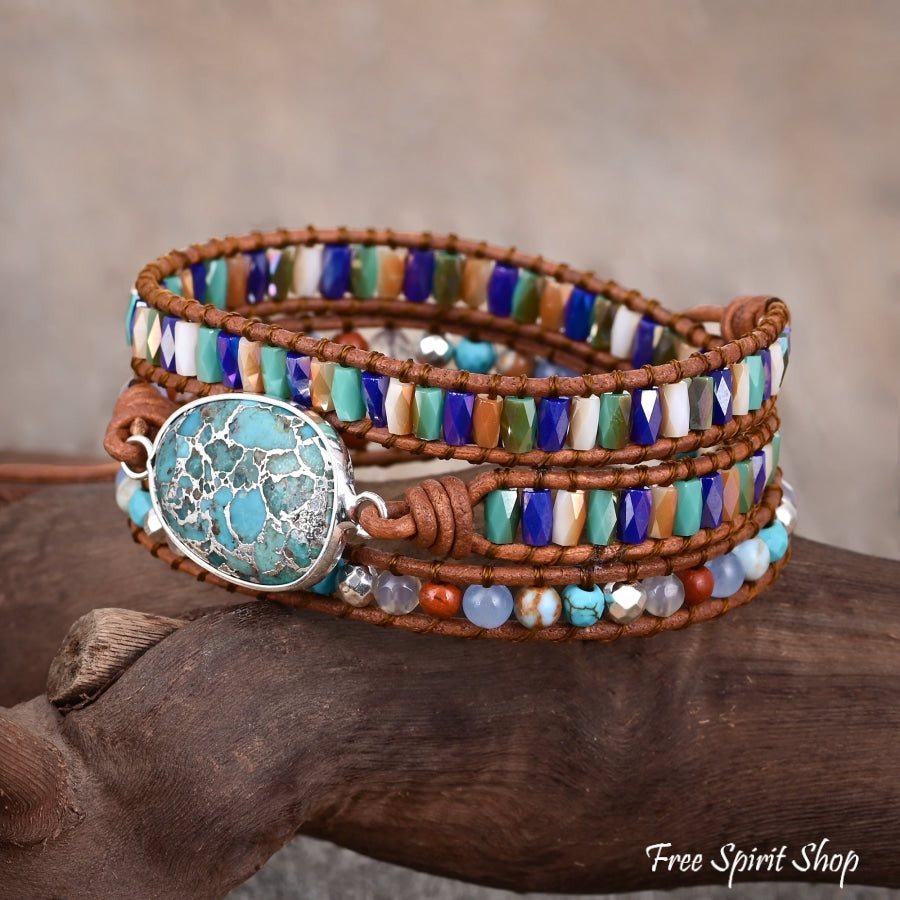 Natural Turquoise & Jasper Silver Wrap Bracelet Jewelry > Gemstone Bead