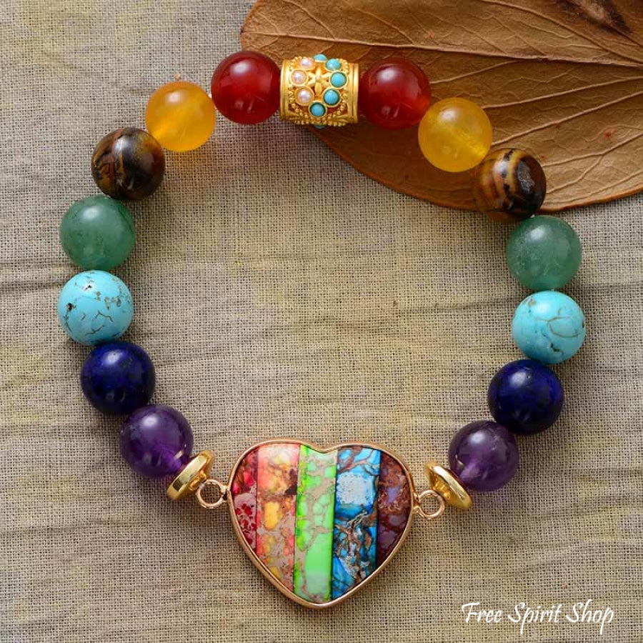 Chakra Stones & Rainbow Heart Bead Bracelet - Free Spirit Shop