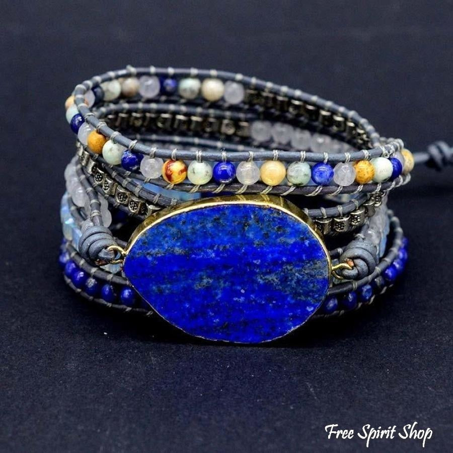 Handmade Lapis Lazuli Stone Leather Wrap Bracelet - Free Spirit Shop