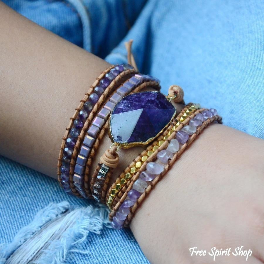 Handmade Natural Amethyst Gemstone Leather Wrap Bracelet - Free Spirit Shop