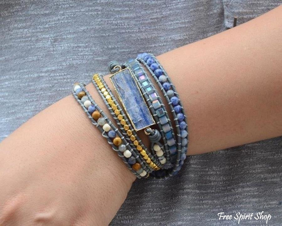 Handmade Natural Blue Topaz Sodalite & Howlite Gemstone Leather Wrap Bracelet - Free Spirit Shop