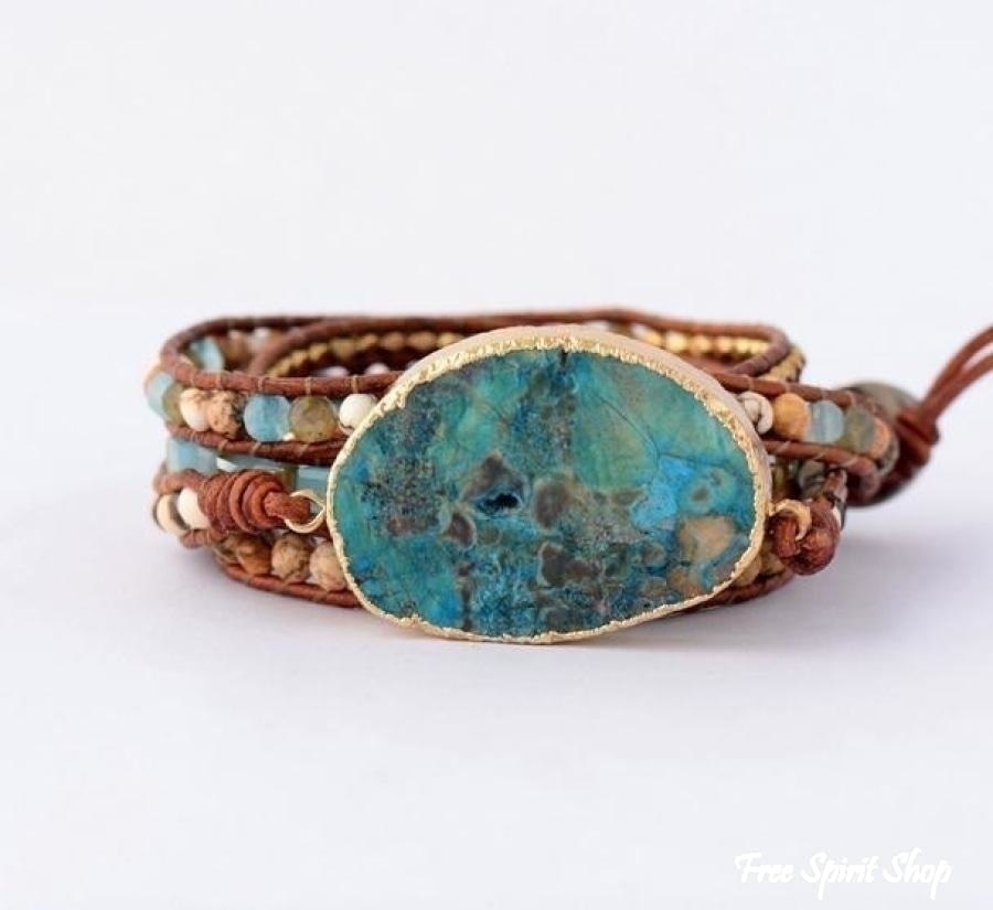 Handmade Natural Ocean Jasper Leather Wrap Bracelet - Free Spirit Shop