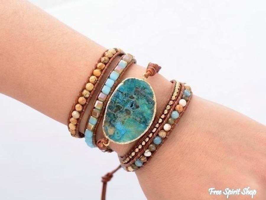 Handmade Natural Ocean Jasper Leather Wrap Bracelet - Free Spirit Shop