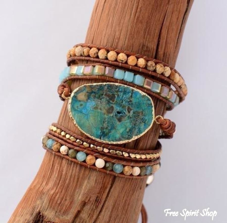 Handmade Natural Ocean Jasper Leather Wrap Bracelet - Free Spirit Shop