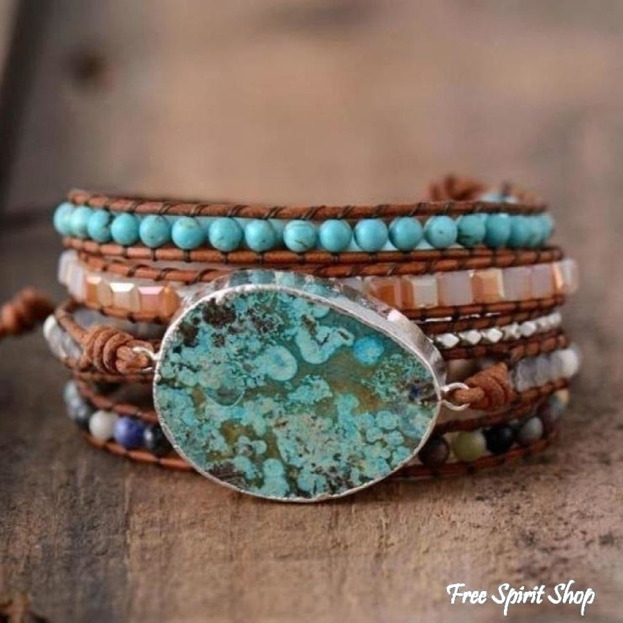 Handmade Natural Ocean Jasper Leather Wrap Bracelet - Free Spirit Shop