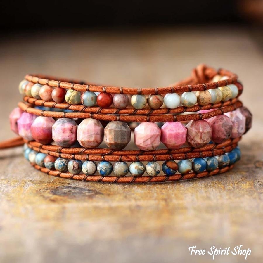 Handmade Natural Rhodonite & Jasper Wrap Bracelet - Free Spirit Shop