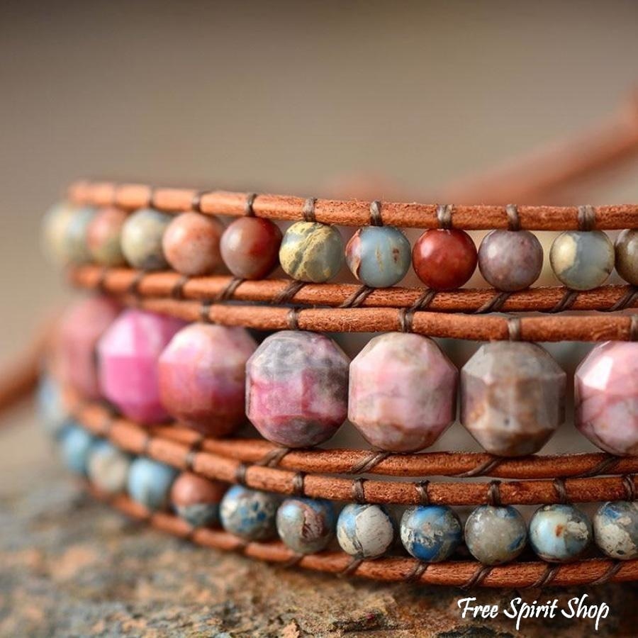 Handmade Natural Rhodonite & Jasper Wrap Bracelet - Free Spirit Shop