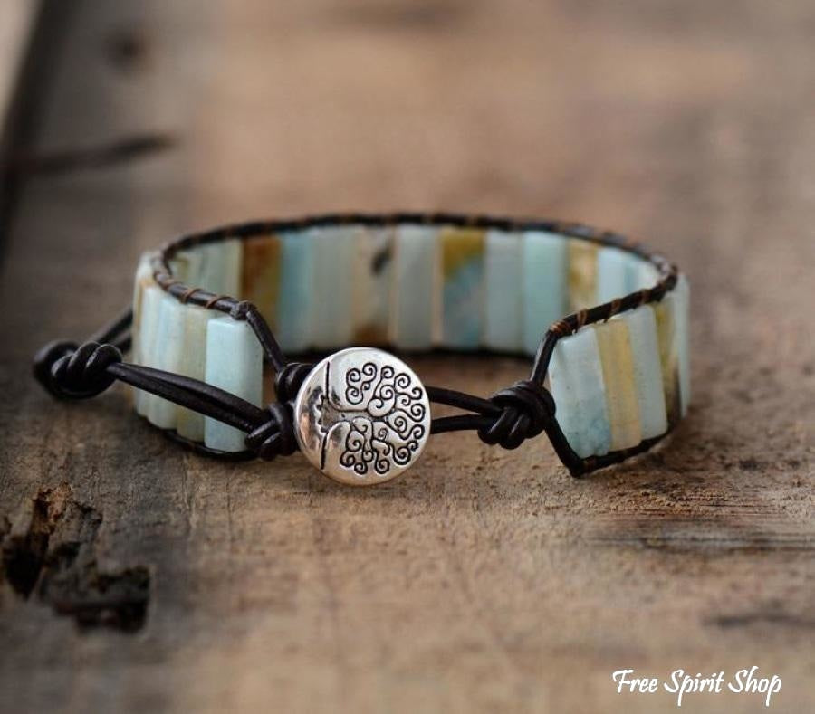 Handmade Natural Semi-Precious Amazonite Stone & Leather Tree Of Life Bracelet - Free Spirit Shop