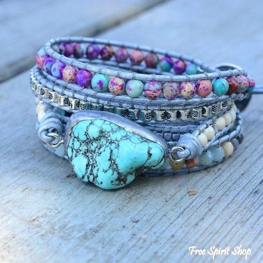 Handmade Turquoise, Jasper & Amazonite Leather Wrap Bracelet - Free Spirit Shop