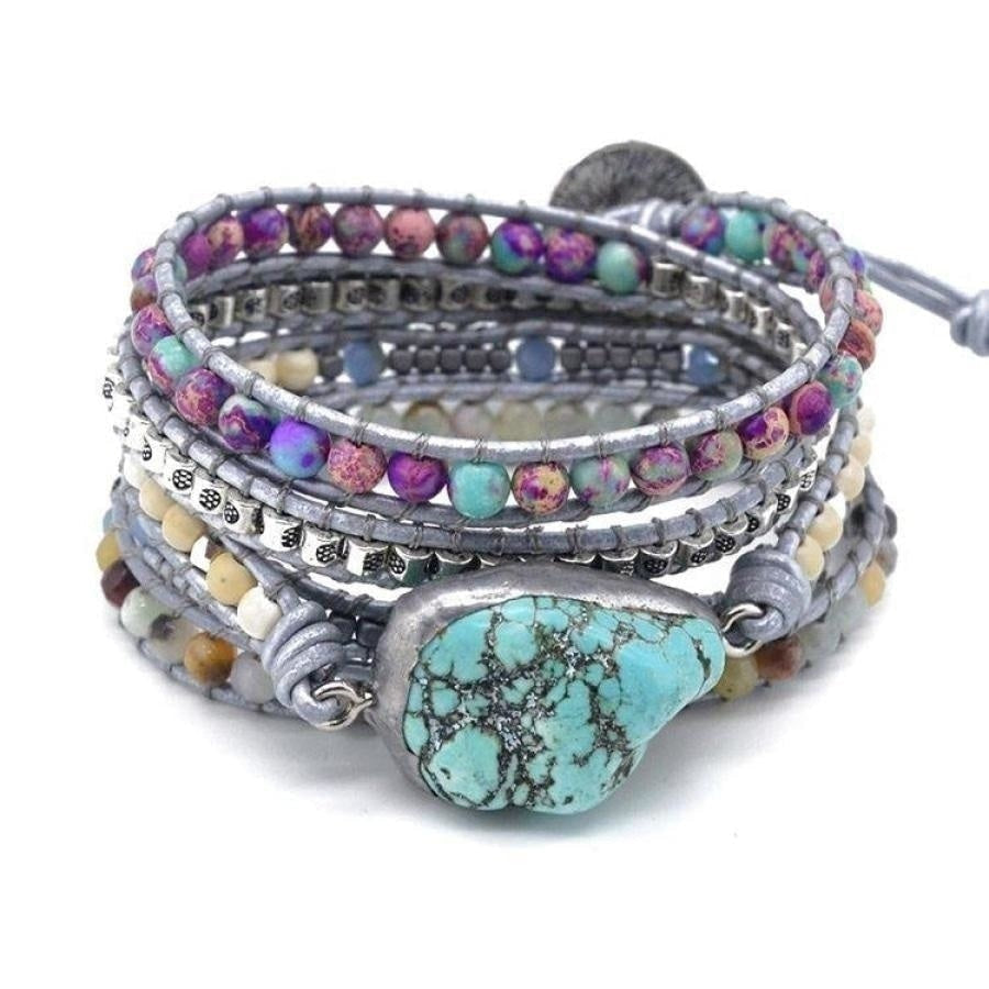 Handmade Turquoise, Jasper & Amazonite Leather Wrap Bracelet - Free Spirit Shop