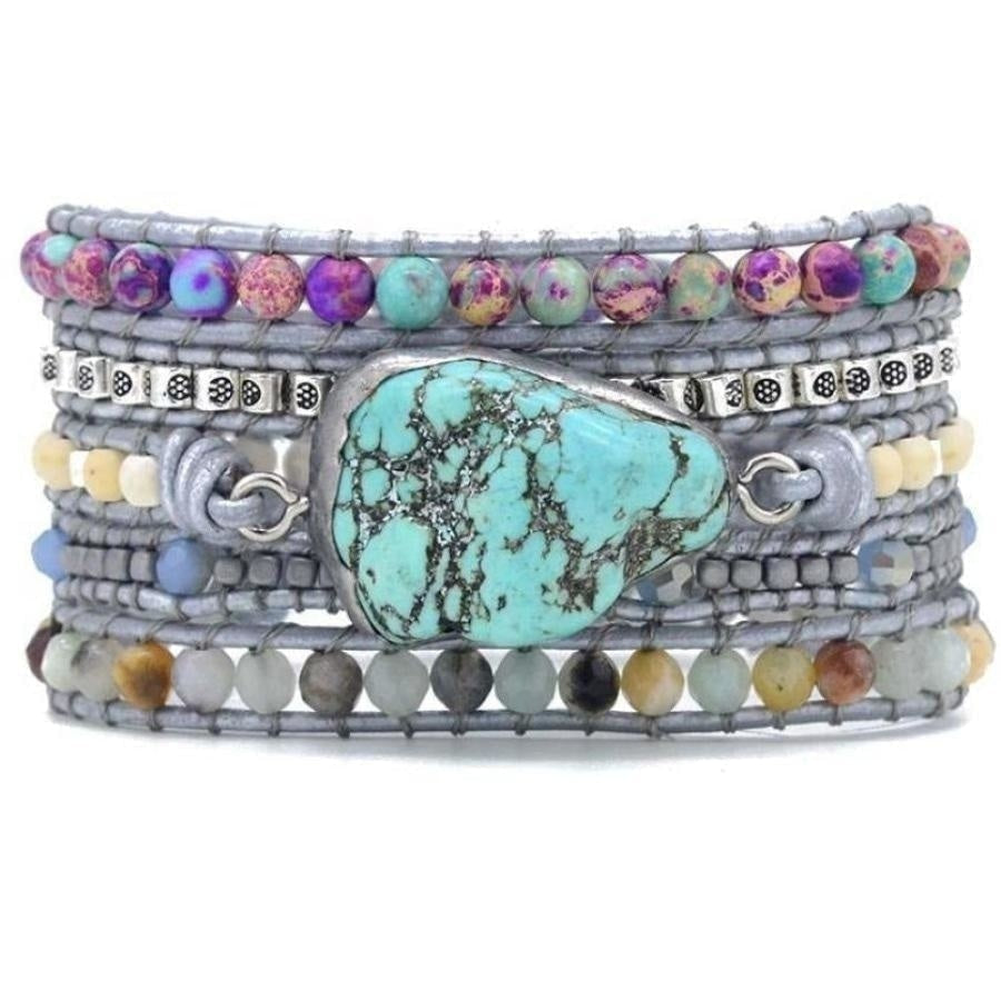 Handmade Turquoise, Jasper & Amazonite Leather Wrap Bracelet - Free Spirit Shop