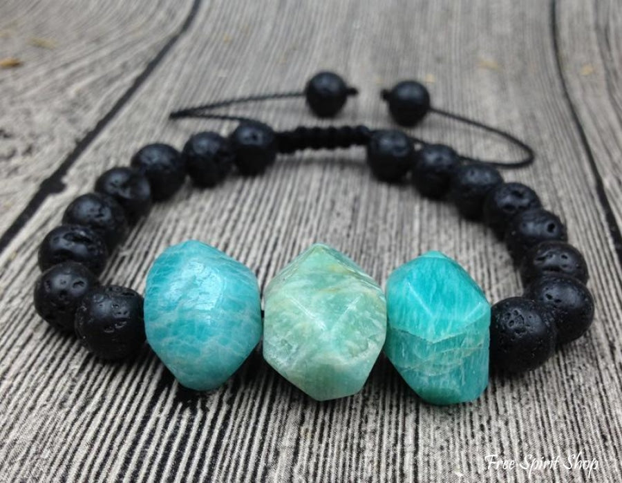 Natural Amazonite Faceted Stone & Black Lava Stone Bracelet - Free Spirit Shop