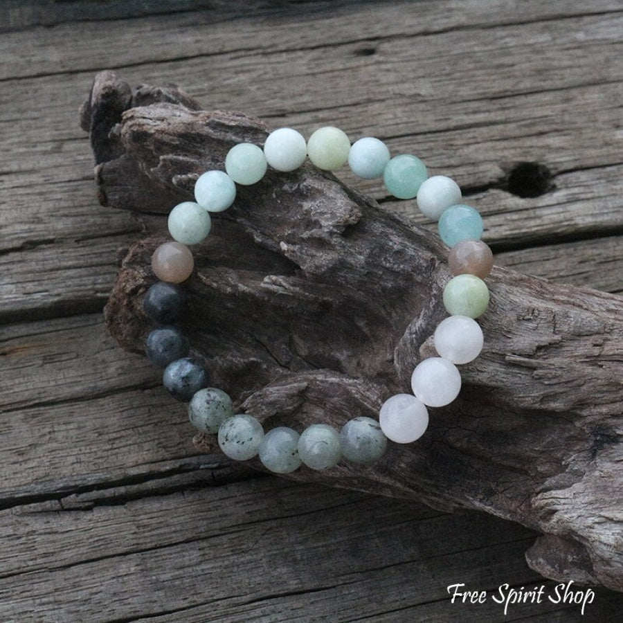 Natural Amazonite Labradorite Aquamarine & Rose Quartz Bead Bracelet - Free Spirit Shop