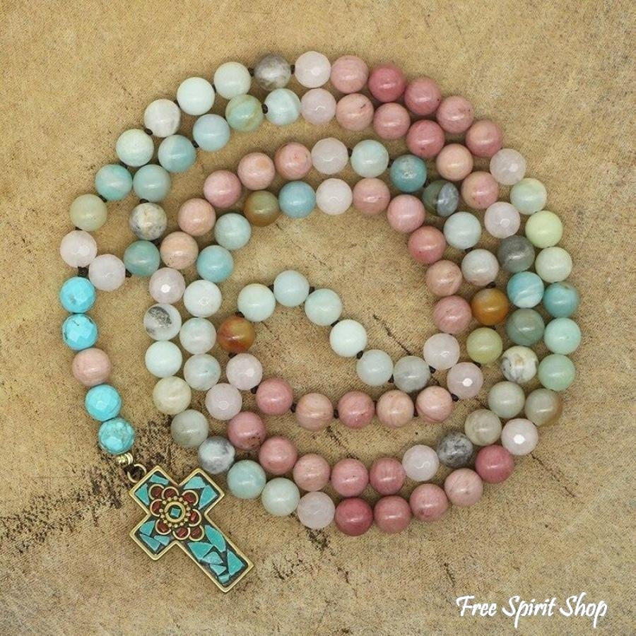 Natural Amazonite Rose Quartz & Rhodonite Necklace With Cross Pendant