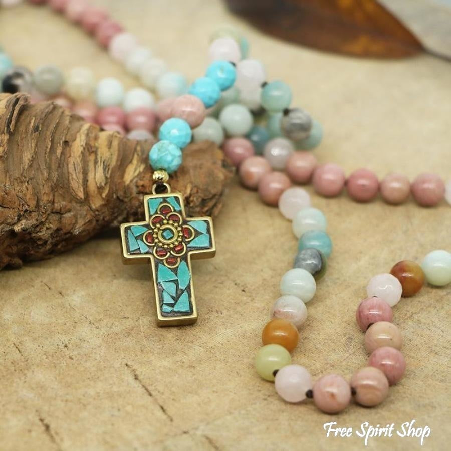 Natural Amazonite Rose Quartz & Rhodonite Necklace With Cross Pendant - Free Spirit Shop