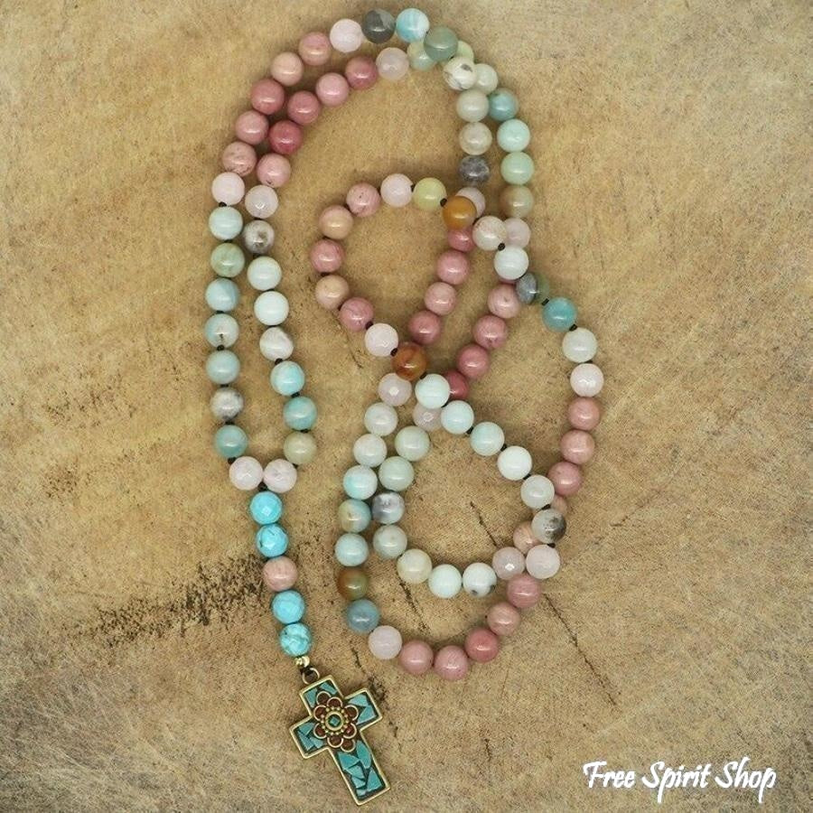 Natural Amazonite Rose Quartz & Rhodonite Necklace With Cross Pendant - Free Spirit Shop