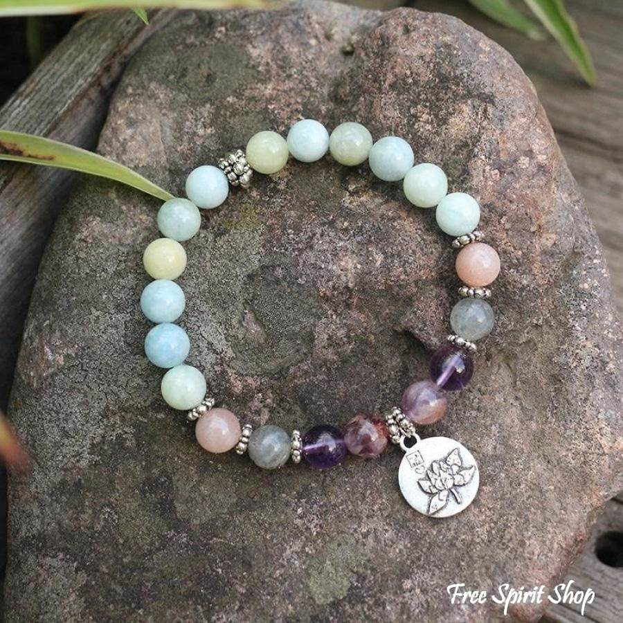 Natural Aquamarine Amethyst Labradorite Lotus Bead Bracelet - Free Spirit Shop