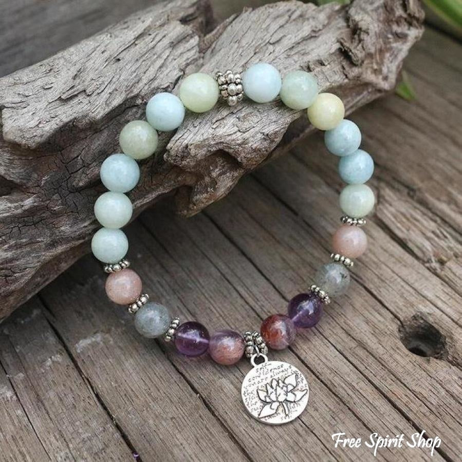 Natural Aquamarine Amethyst Labradorite Lotus Bead Bracelet - Free Spirit Shop