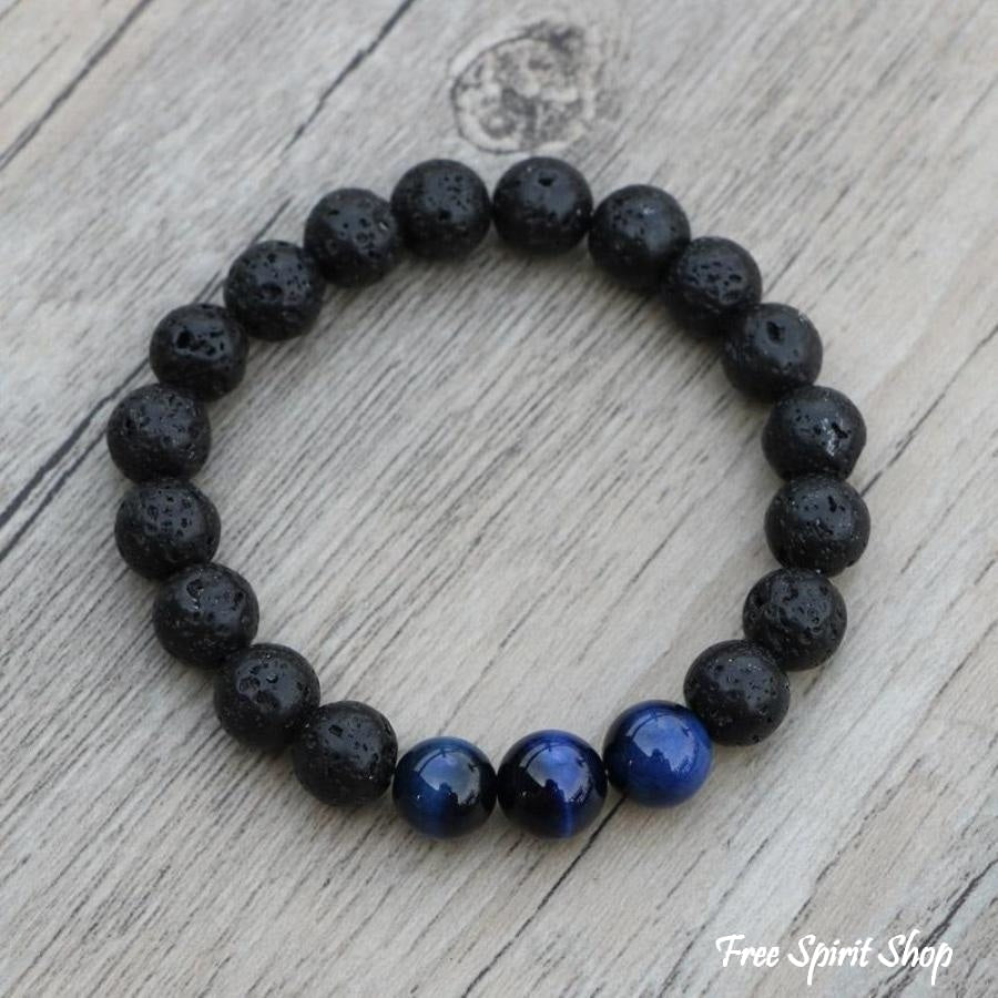 Natural Black Lava Stone & Blue Tiger Eye Beads Bracelet - Free Spirit Shop