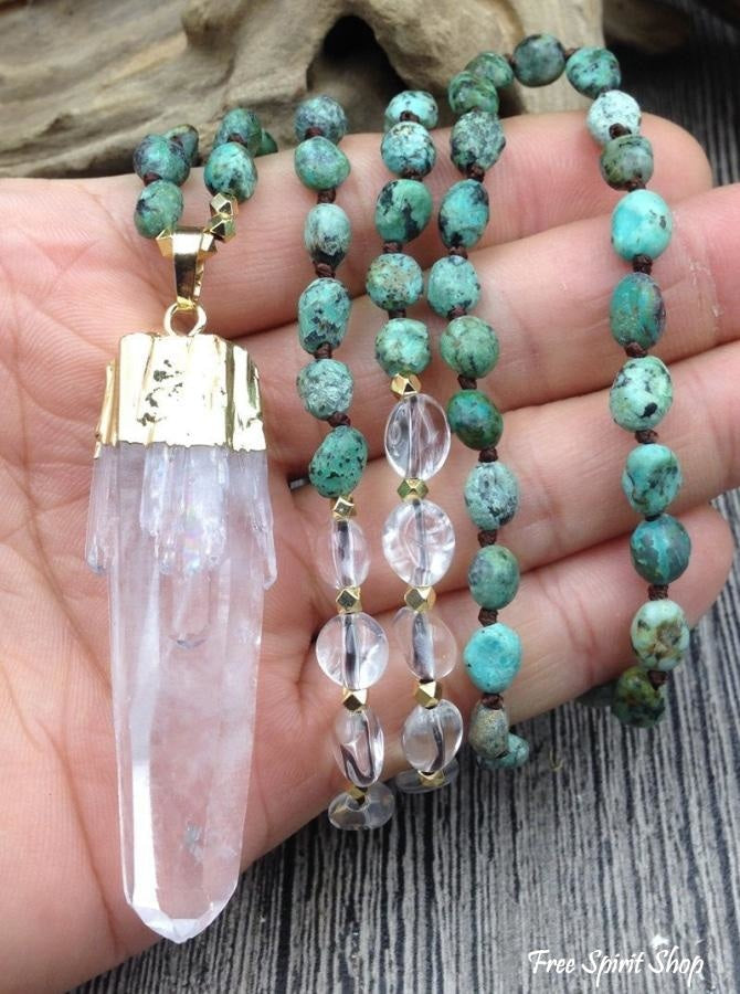 Natural Clear Quartz Crystal & African Turquoise Gemstone Bead Necklace - Free Spirit Shop