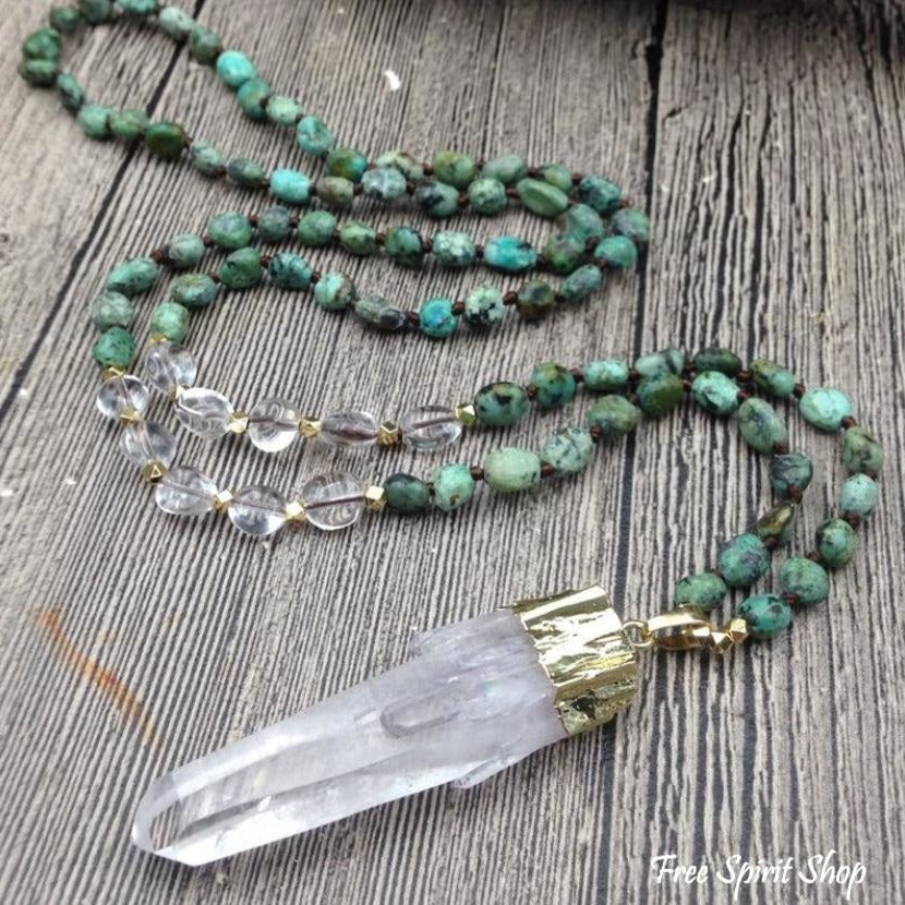 Natural Clear Quartz Crystal & African Turquoise Gemstone Bead Necklace - Free Spirit Shop