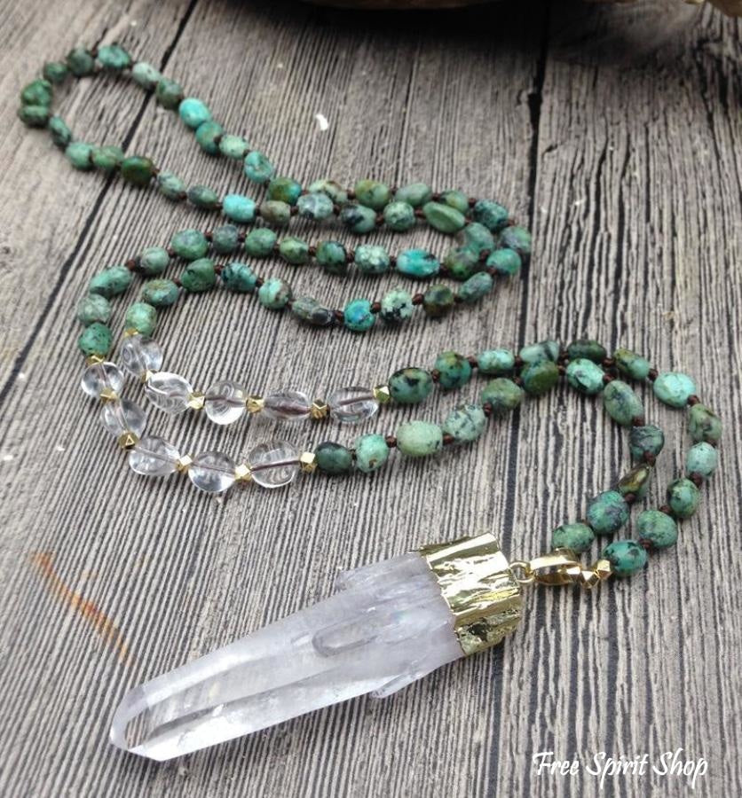 Natural Clear Quartz Crystal & African Turquoise Gemstone Bead Necklace