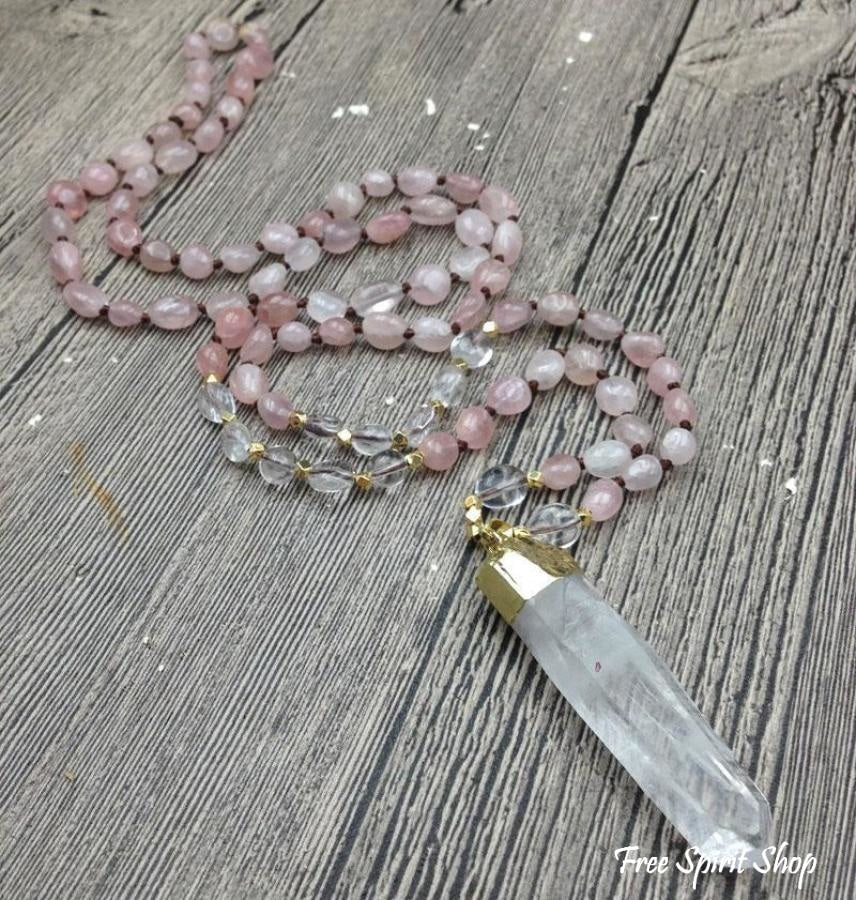 Natural Clear Quartz & Rose Quartz Gemstone Necklace - Free Spirit Shop