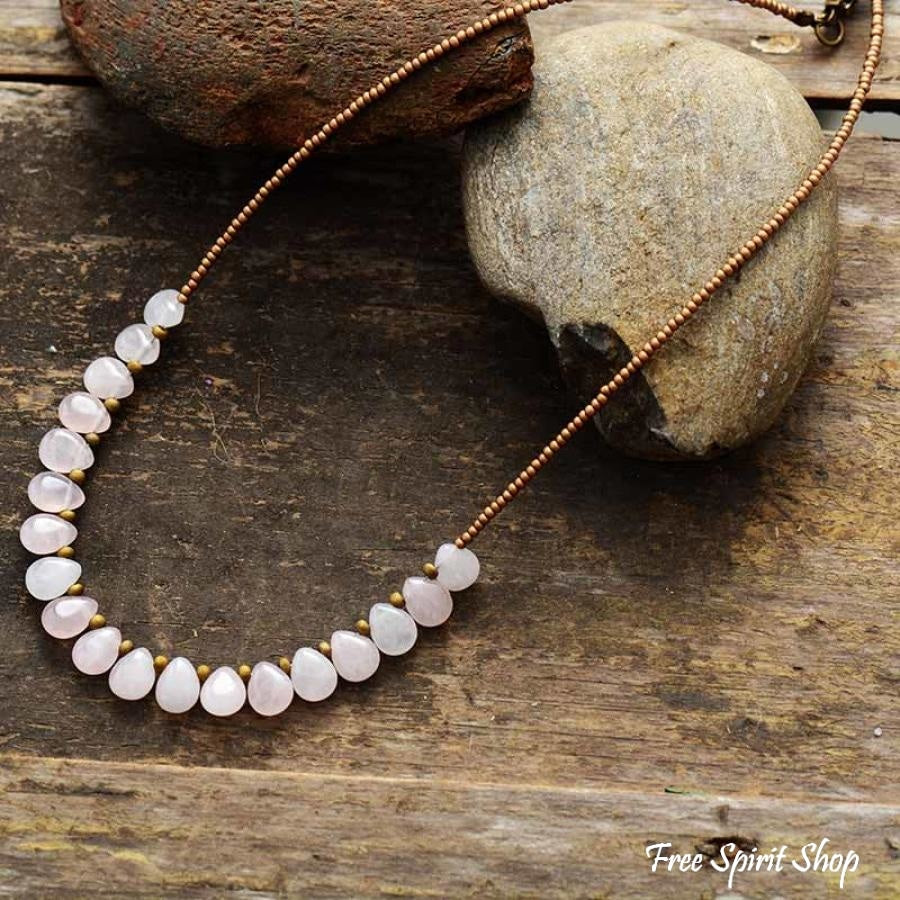 Natural Clear Rose Quartz Teardrop Bead Necklace - Free Spirit Shop