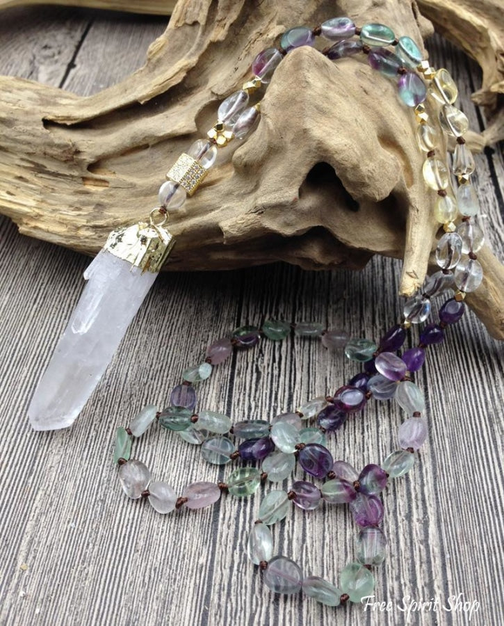Natural Fluorite & Clear Quartz Gemstone Necklace - Free Spirit Shop