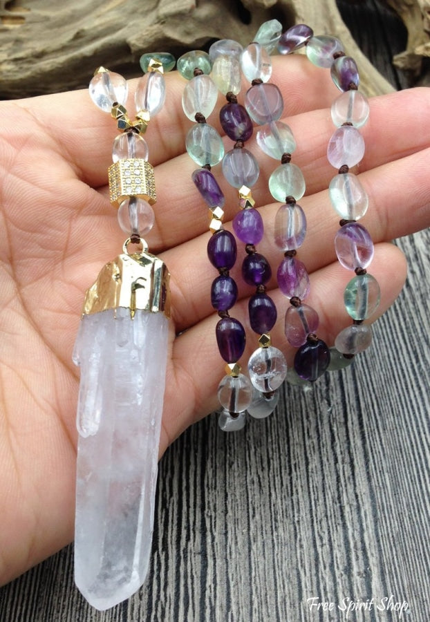 Natural Fluorite & Clear Quartz Gemstone Necklace - Free Spirit Shop