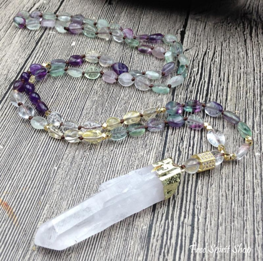 Natural Fluorite & Clear Quartz Gemstone Necklace - Free Spirit Shop