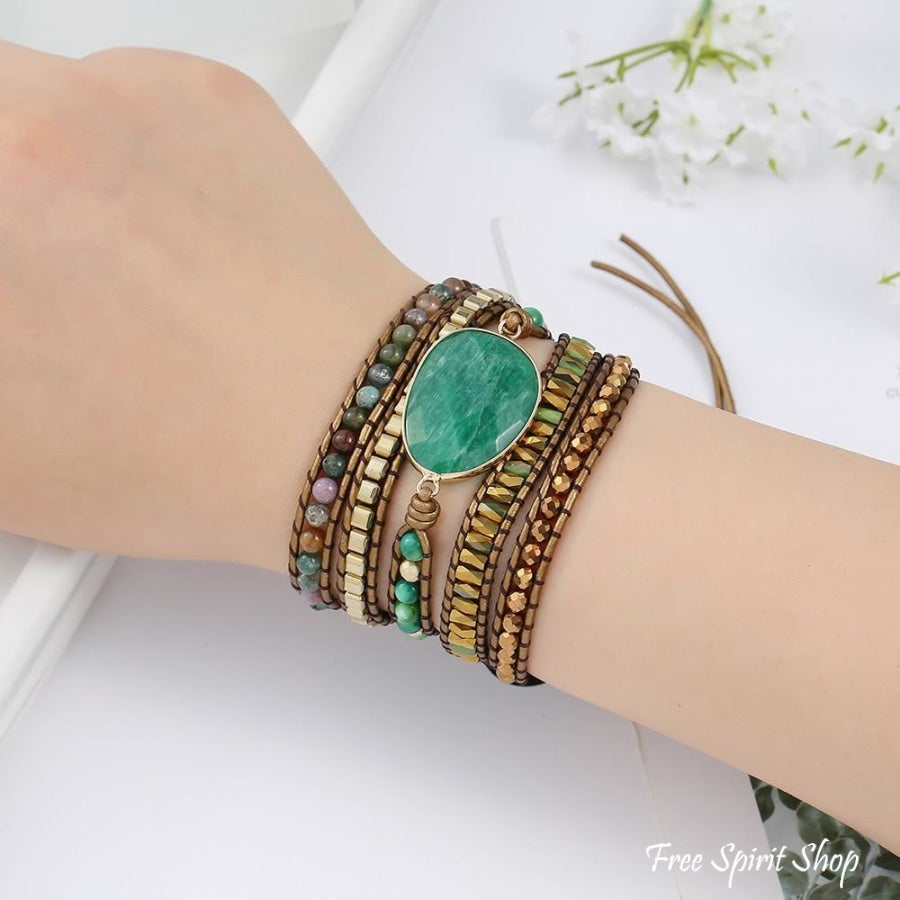 Natural Green Aventurine & Indian Agate Beaded Wrap Bracelet - Free Spirit Shop
