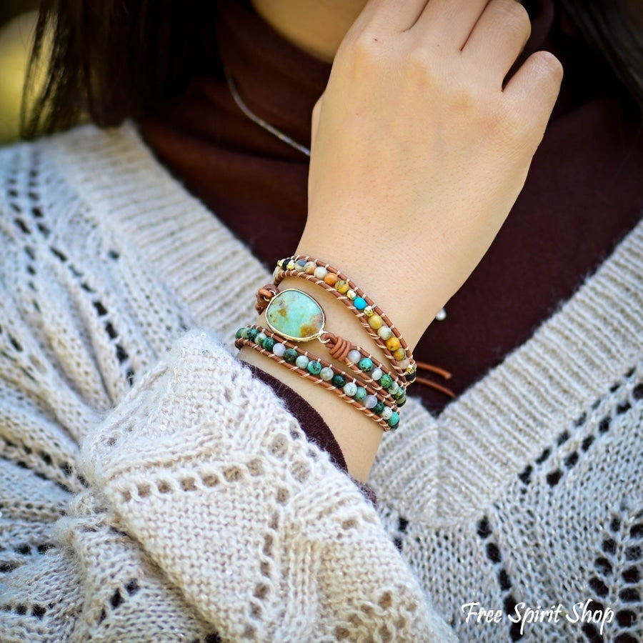 Natural Green Jade Jasper and Moss Agate Wrap Bracelet - Free Spirit Shop