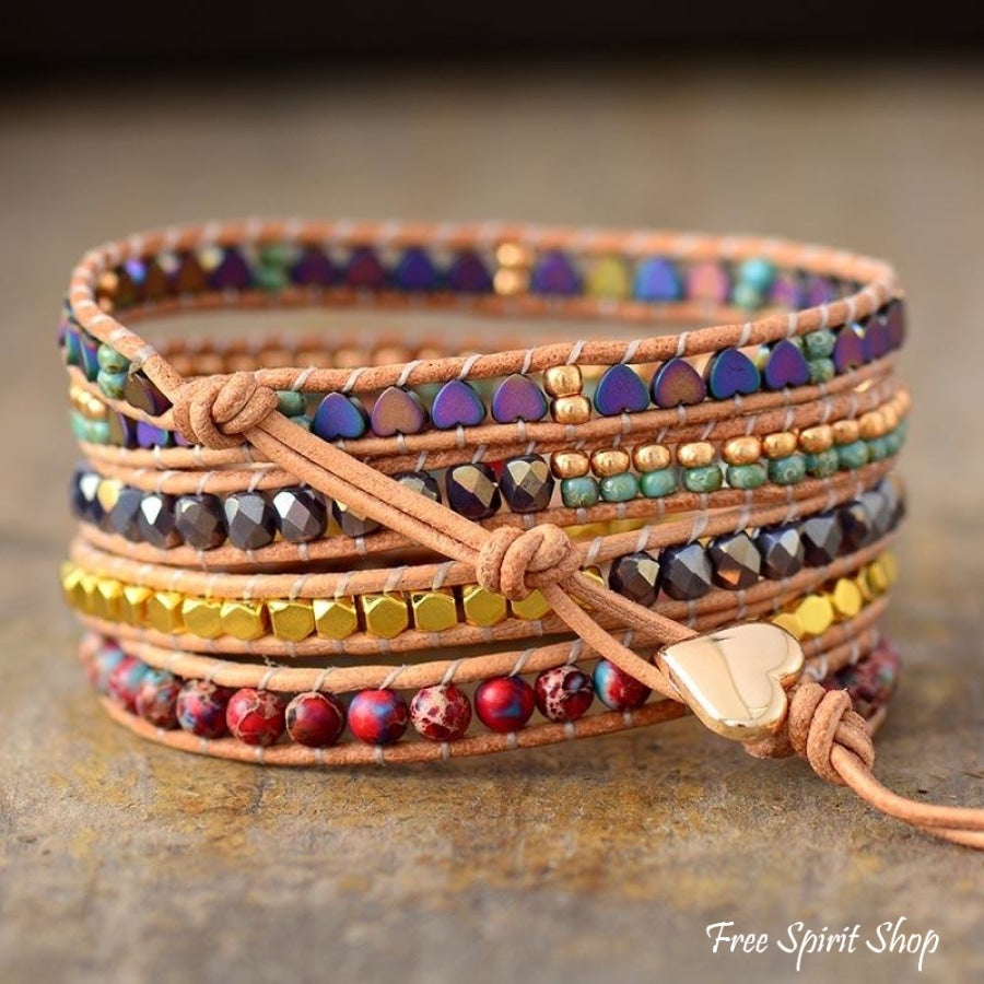 Natural Jasper Heart 5 Layer Wrap Bracelet - Free Spirit Shop