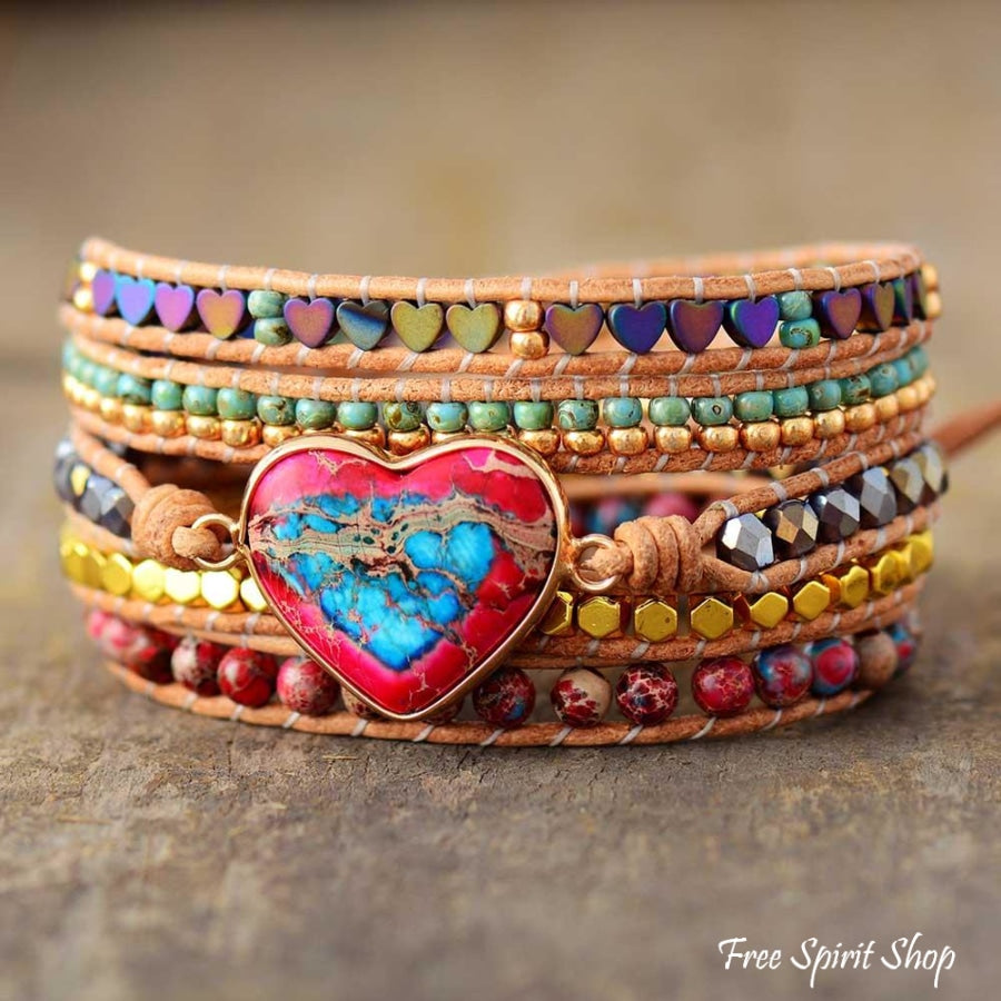 Natural Jasper Heart 5 Layer Wrap Bracelet - Free Spirit Shop