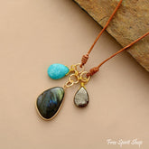 Natural Labradorite Amazonite & Pyrite Stone Leather Necklace - Free Spirit Shop