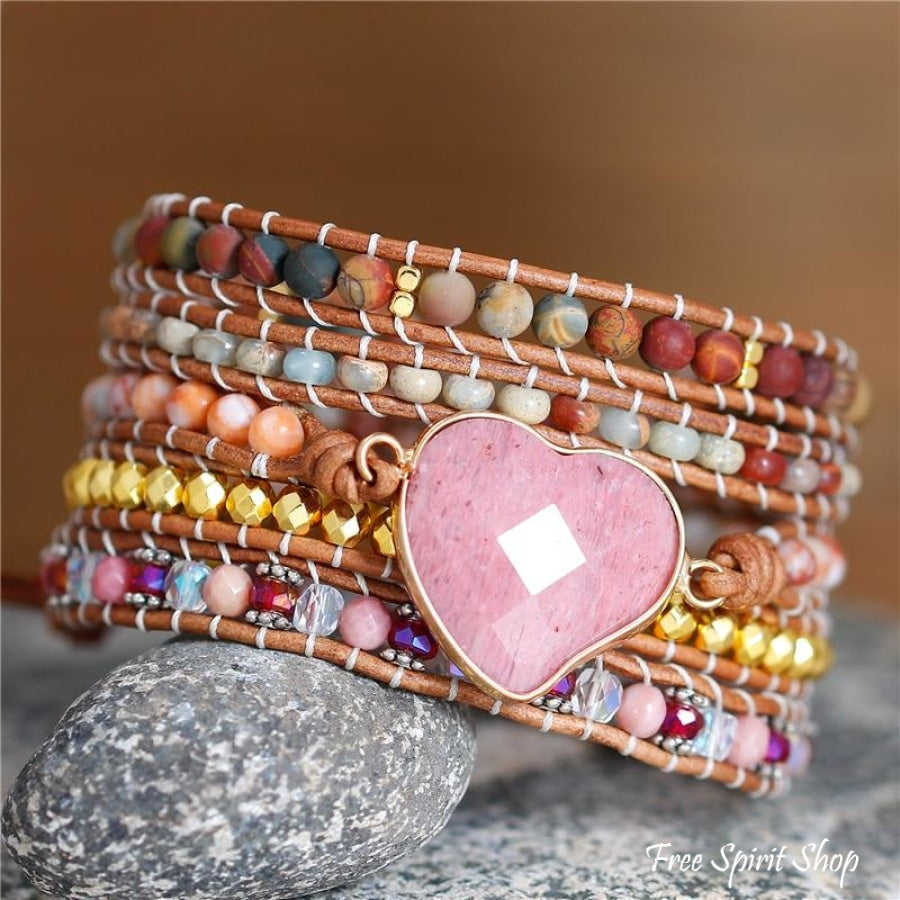 Natural Rhodonite Heart & Jasper Wrap Bracelet - Free Spirit Shop