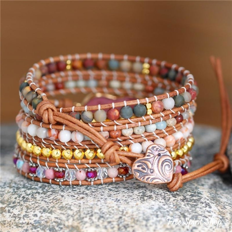 Natural Rhodonite Heart & Jasper Wrap Bracelet - Free Spirit Shop