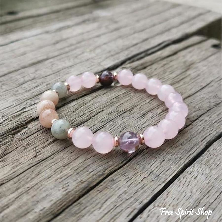 Natural Rose Quartz Amethyst & Green Jade Bead Bracelet - Free Spirit Shop
